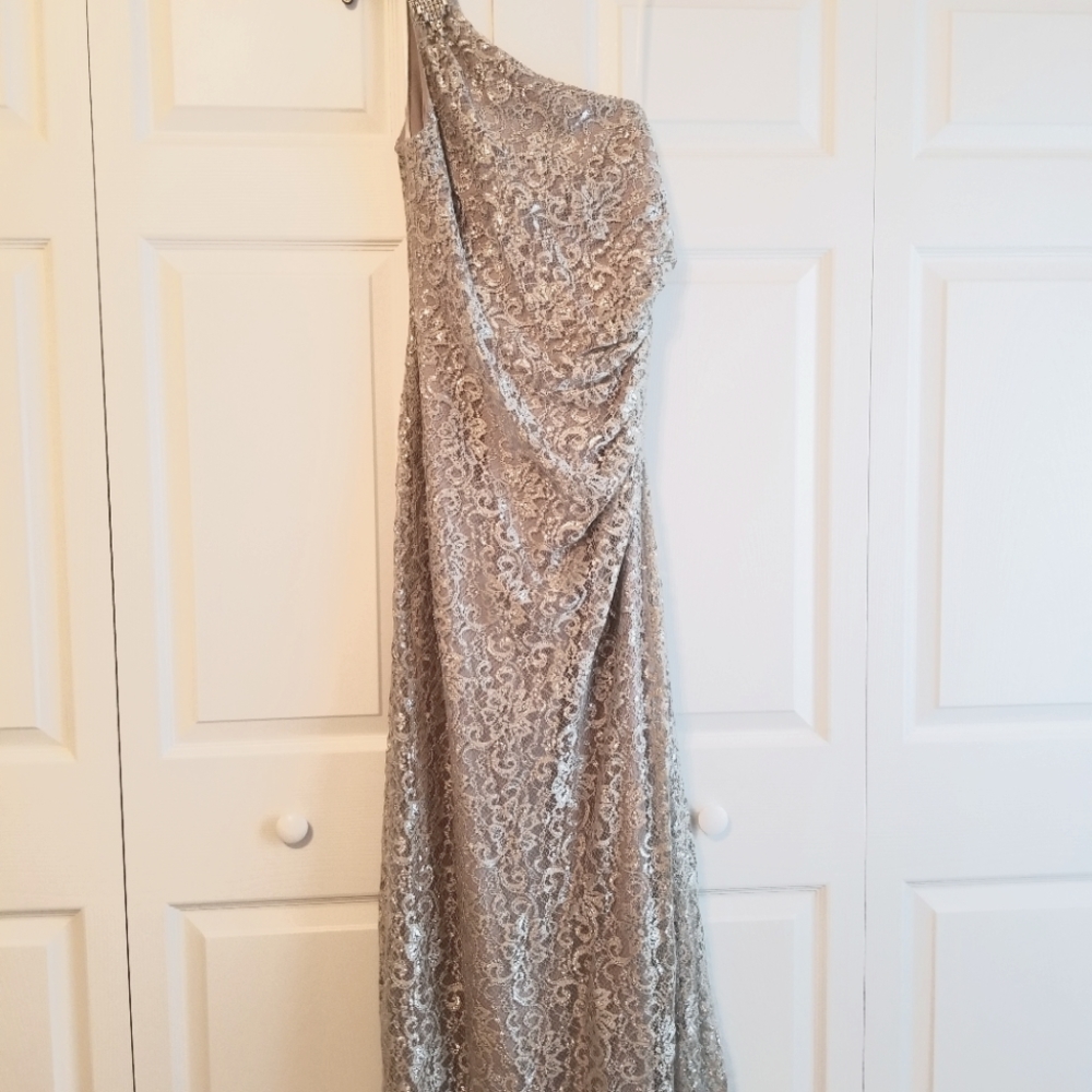 Betsy Adam evening gown, champagne colored, size 14, lace, one shoulder, rouched